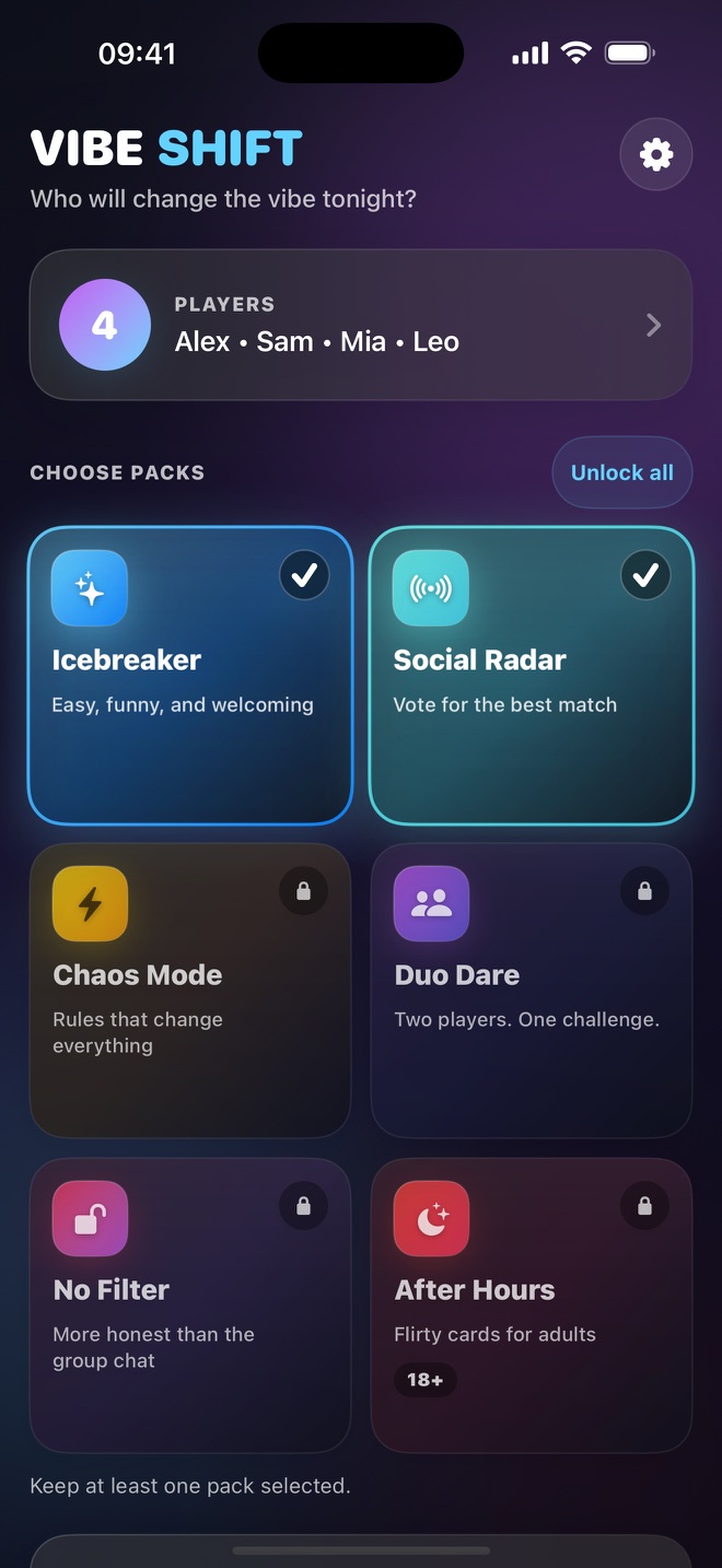 VIBE SHIFT pack selection screen