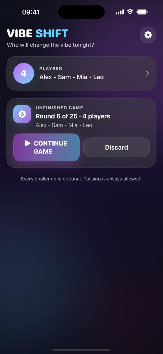 Continue a locally saved VIBE SHIFT game